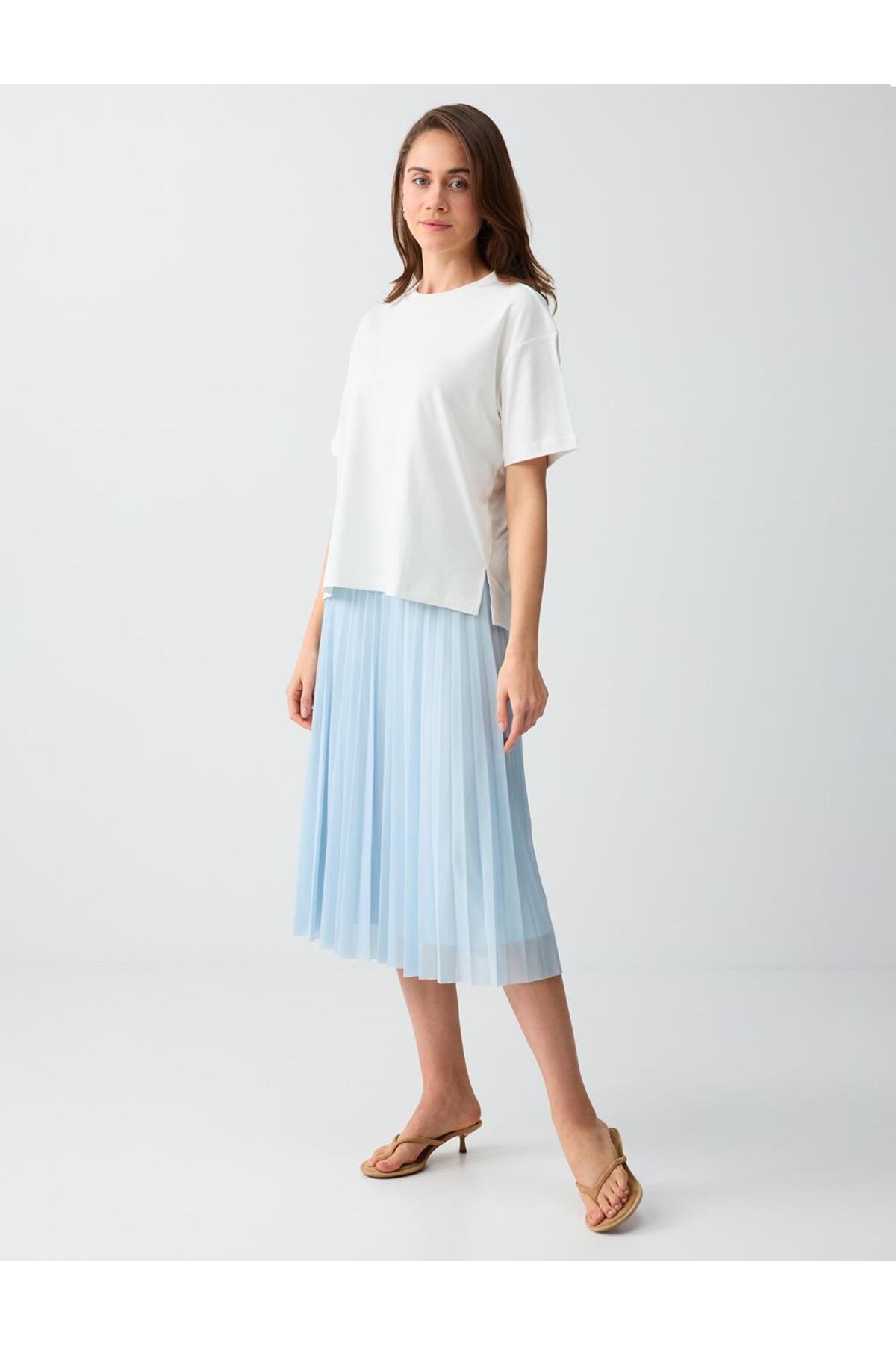Jimmy Key  Gök Mavisi Yüksek Bel Rahat Kesim Piliseli Mesh Midi Etek