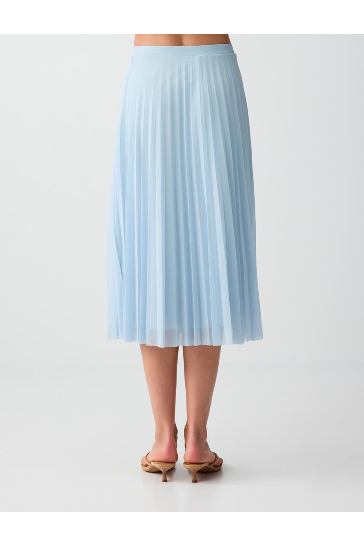 Jimmy Key  Gök Mavisi Yüksek Bel Rahat Kesim Piliseli Mesh Midi Etek - Görsel 7