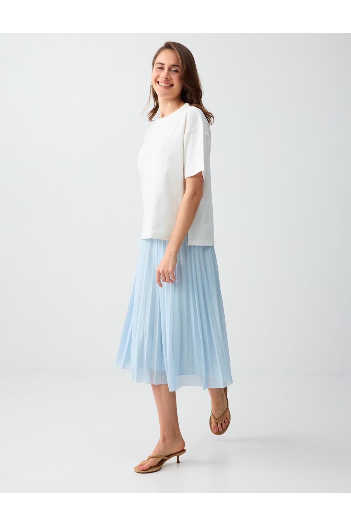 Jimmy Key  Gök Mavisi Yüksek Bel Rahat Kesim Piliseli Mesh Midi Etek - Görsel 2