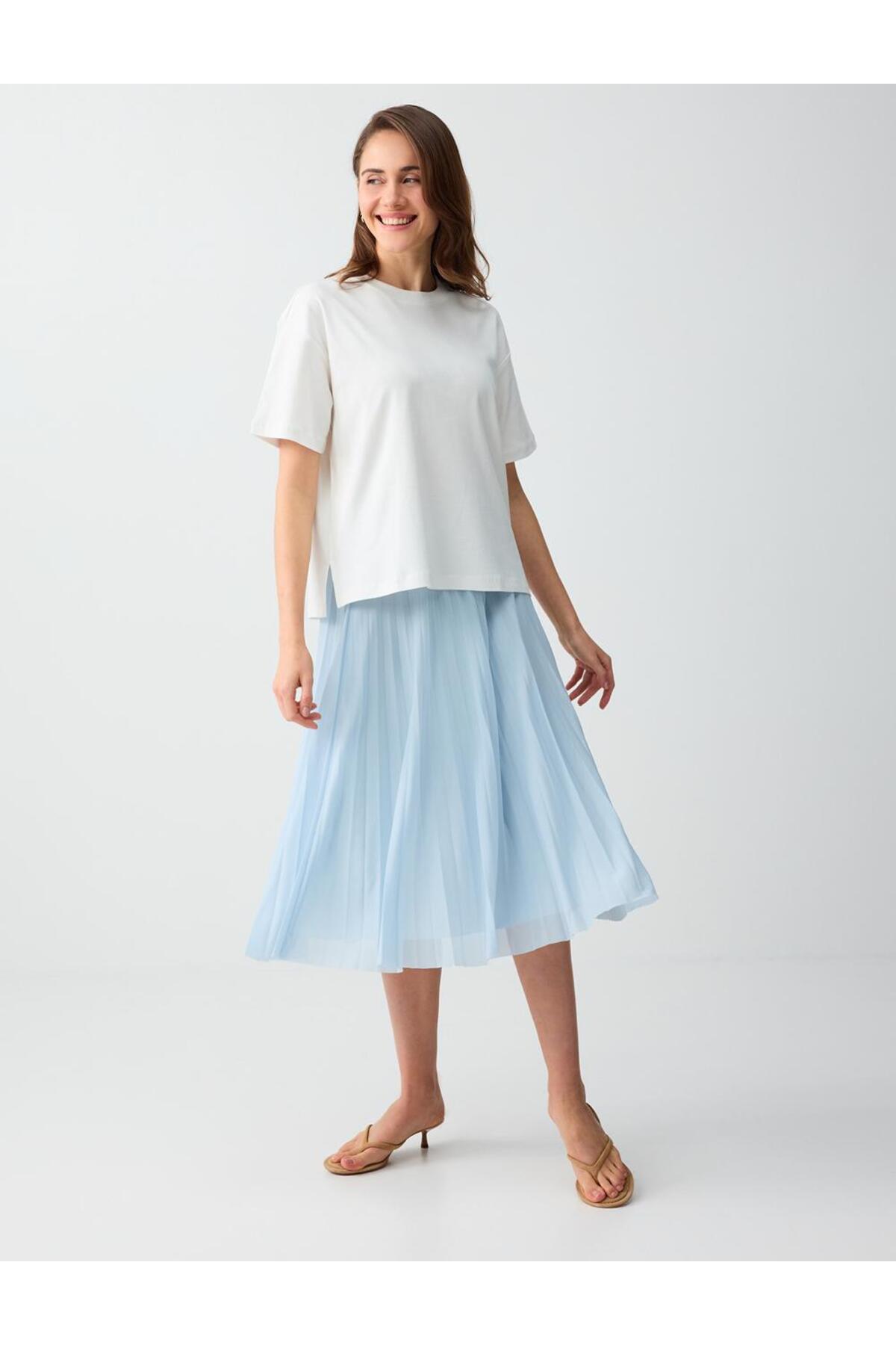 Jimmy Key  Gök Mavisi Yüksek Bel Rahat Kesim Piliseli Mesh Midi Etek - Görsel 5