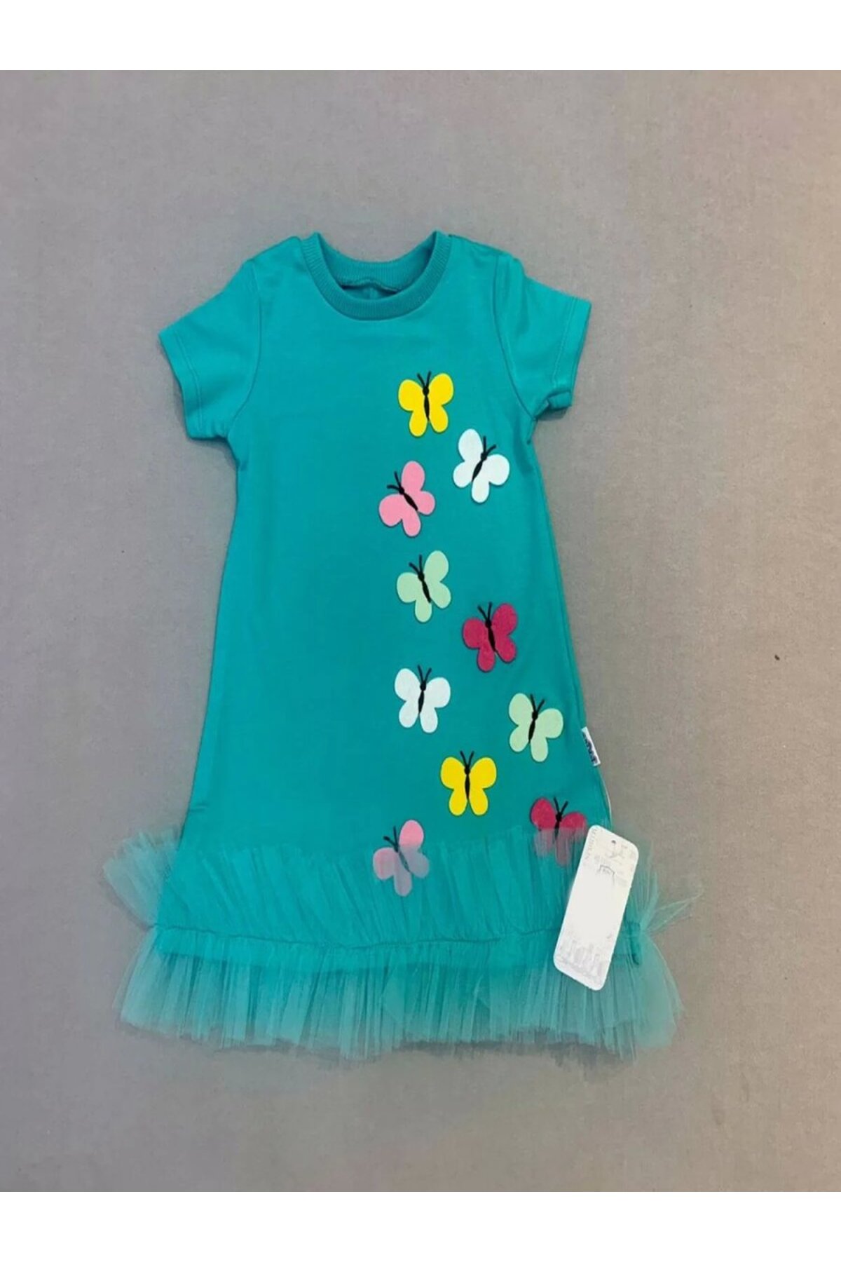 Dua Giyim 1-2-3 Yaş Renkli Kelebekler Nakışlı Eteği Fırfırlı Jile Çuk Elbisesi Turkuaz fotoğrafı 2 (önizleme)