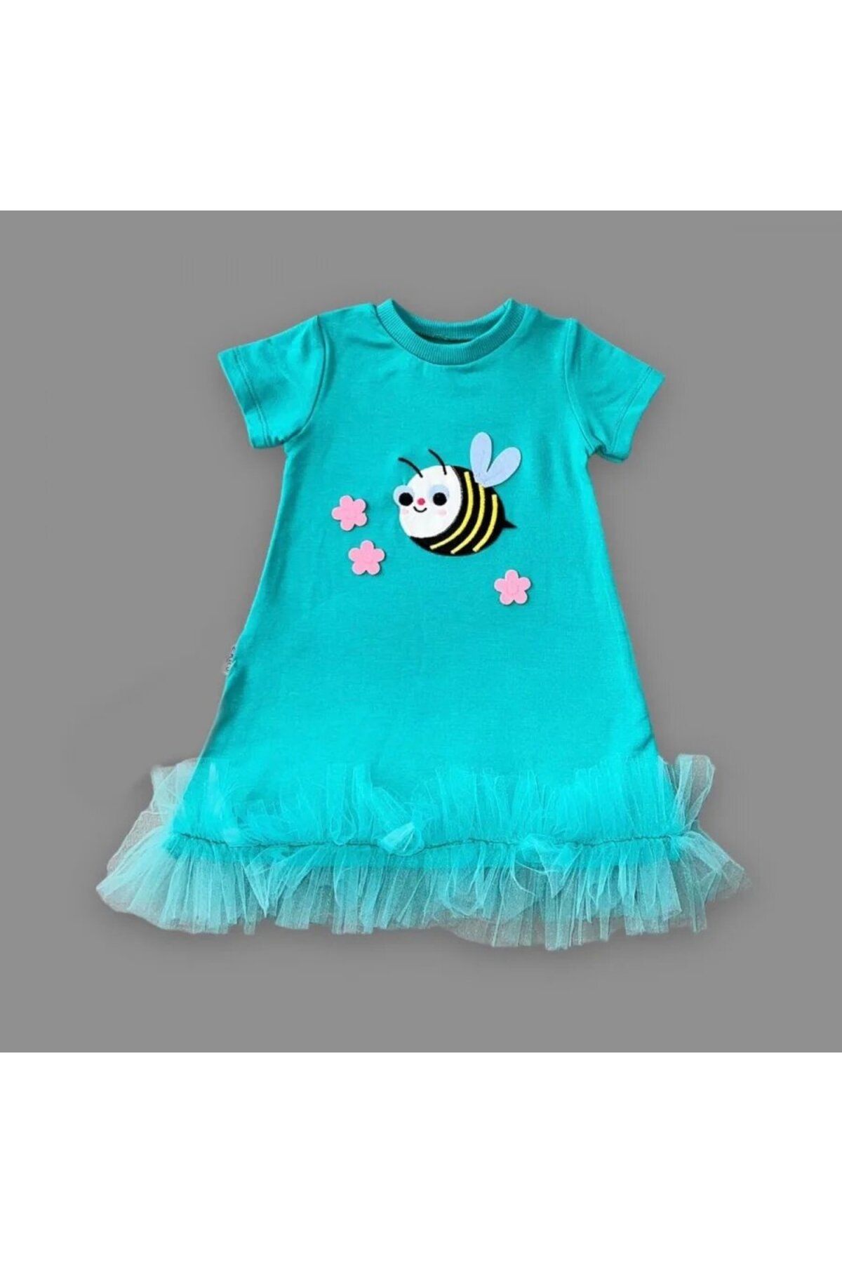 BilfolD 1-2-3 Yaş Arıcık Nakışlı Eteği Fırfırlı Jile Kız Çuk Elbisesi Turkuaz fotoğrafı 2 (önizleme)