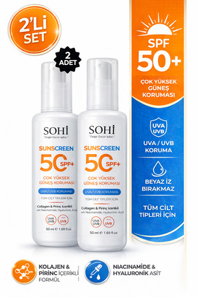 SOHİ SPF 50+ Güneş Kremi 2’li Set | Kolajen & Pirinç Özlü | 50 ml x2