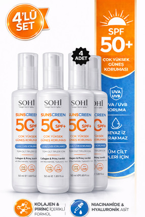 SOHİ SPF 50+ Güneş Kremi 4’lü Set | Kolajen & Pirinç Özlü | Beyaz İz Bırakmaz...