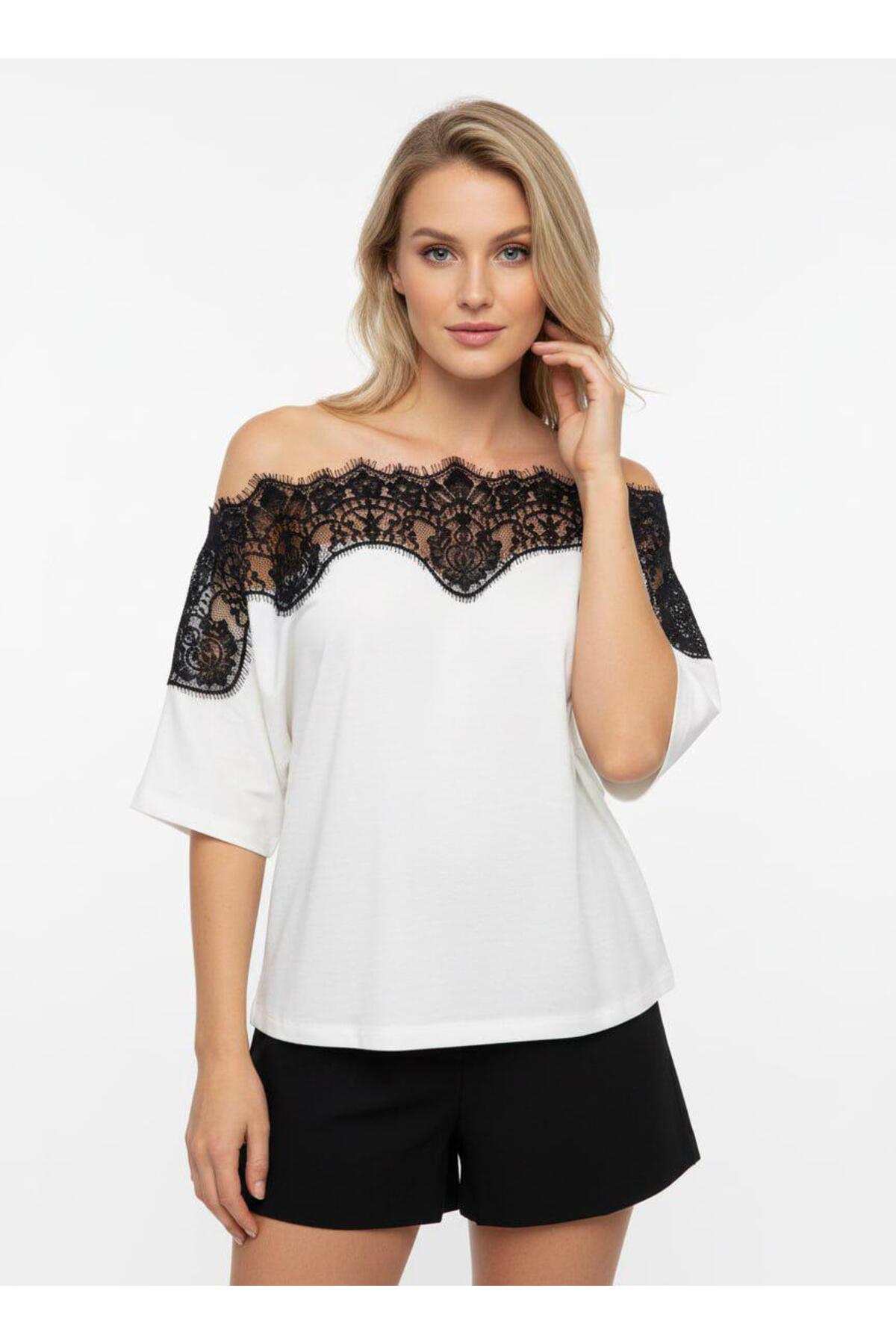 fuşyha butik Women's Boat Neck Lace Printed Basic T-Shirt- Trendyol