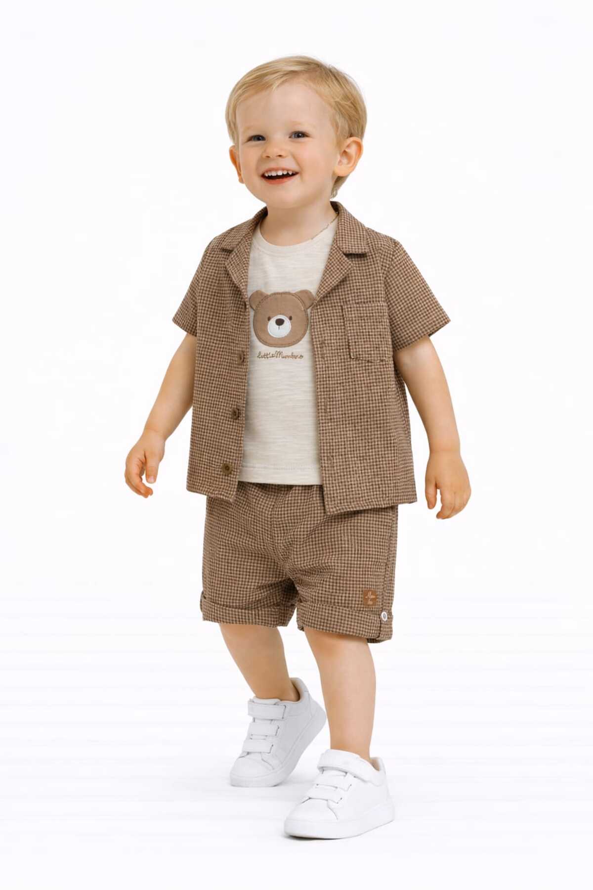 Summer set for boys children consisting of 3 pieces - cotton T-shirt printed with teddy bear (6-24 months)