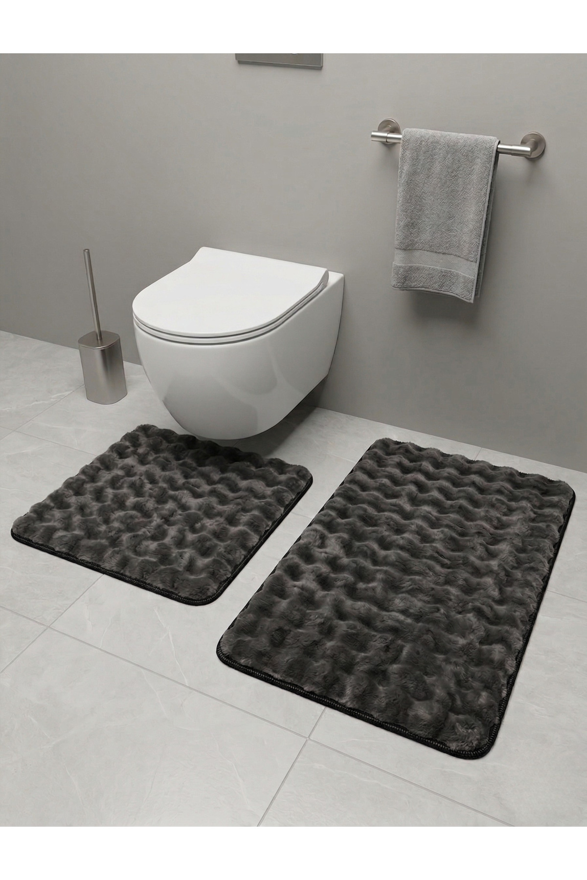Bubble 2-Piece Bath Mat Set Anthracite Soft Machine Washable 60x100 and 40x60