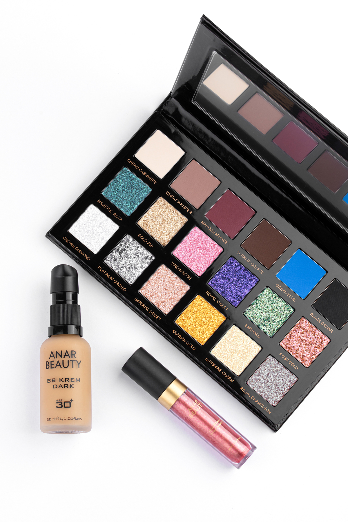 Anar Beauty 18 Renkli Far Paleti+BB Krem (Dark)+Lip Oil Gloss (Strawberry) +3'lü SET — ANR0000010ANR0000003ANR0000008