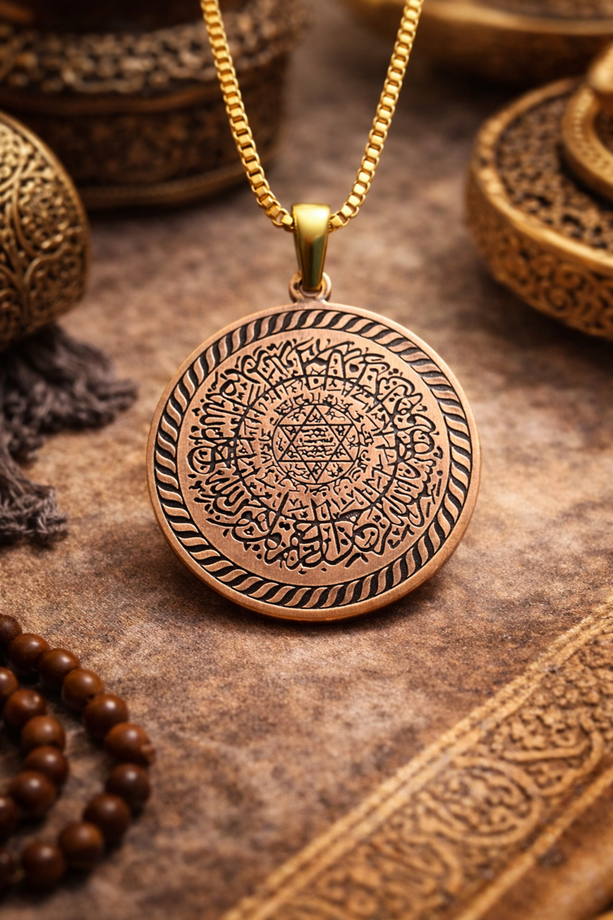 Ayetel Kürsi and Solomon Seal Men's Copper Necklace - 100% Pure Copper Men's Necklace