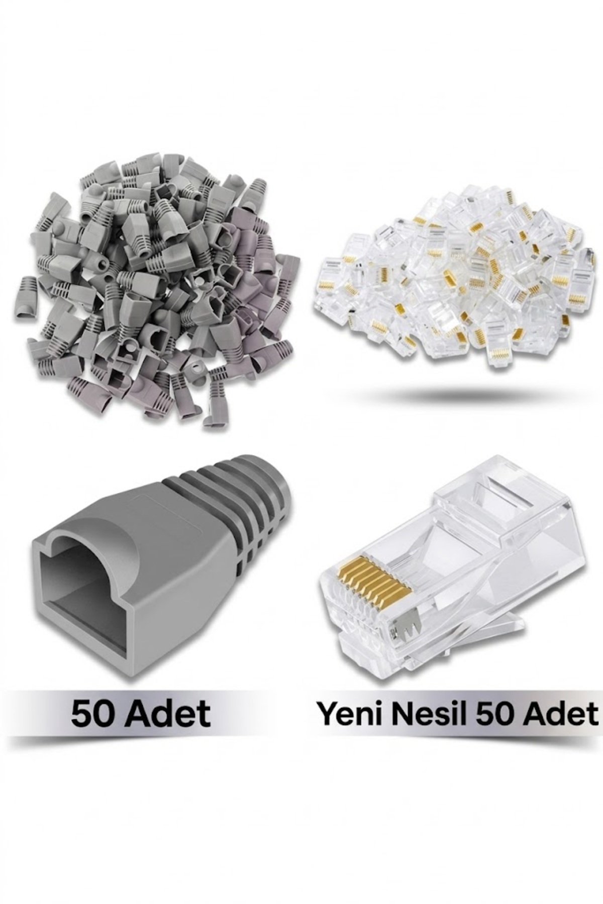 50 Adet Yeni Nesil Rj45 8P8C - 50 Adet Cover Set RJ45 2in1 Cover Jak Set Gri