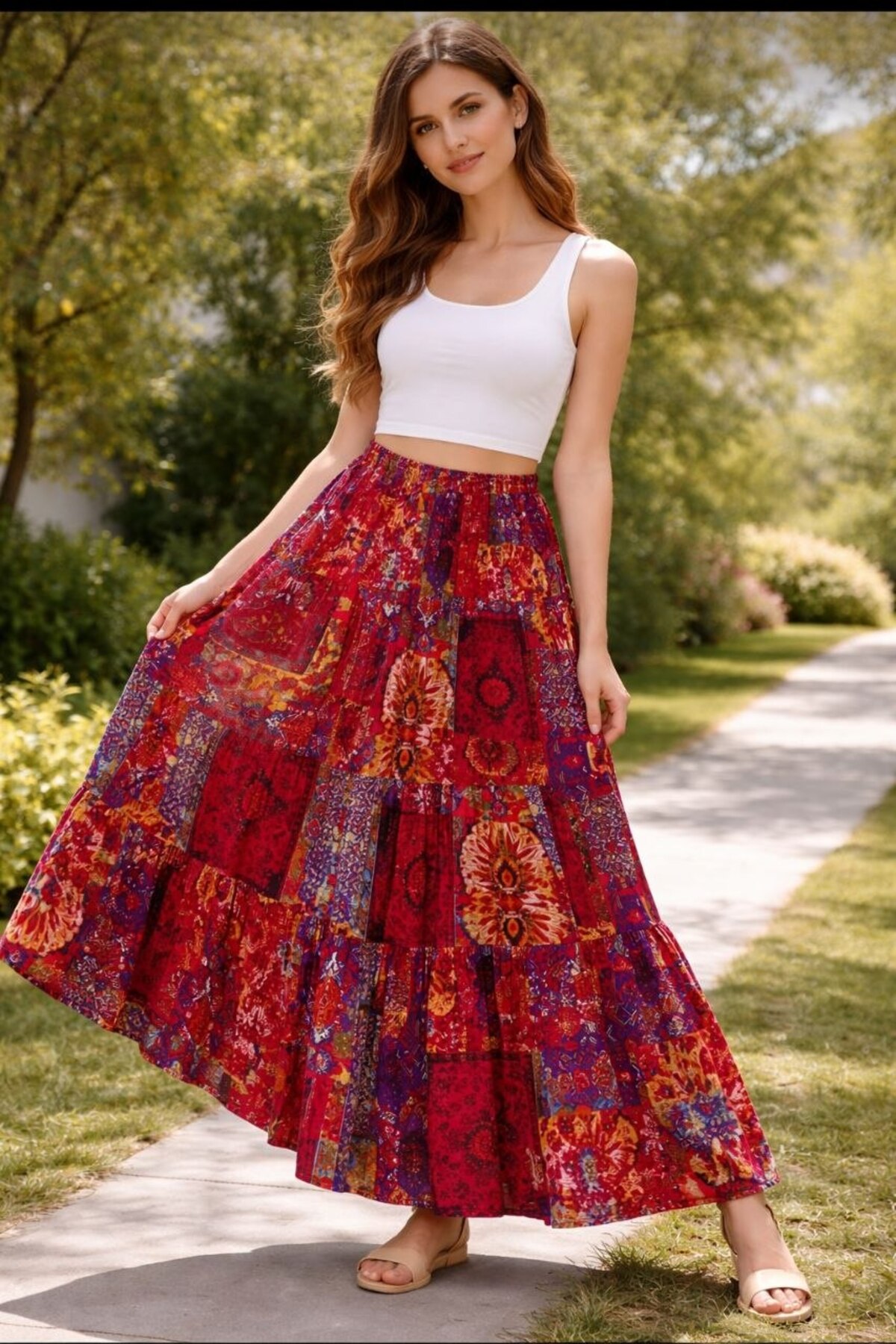 inci wears  Kırmızı Etnik Desenli Beli Lastikli Viskon Uzun Etek