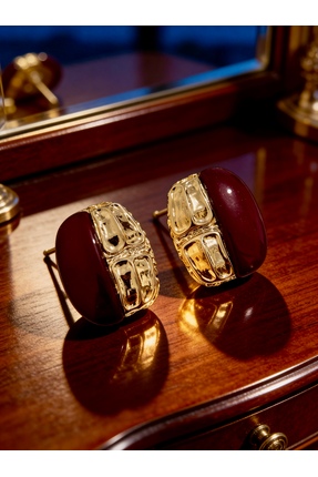 ayoljewelry Kadın Gold Çelik Bordo ve Altın Dokulu Büyük Küpe - Vintage State...