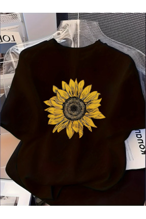 Soothing Space ayçiçeği Baskılı Pamuklu Bisiklet Yaka Kısa Kollu T-shirt