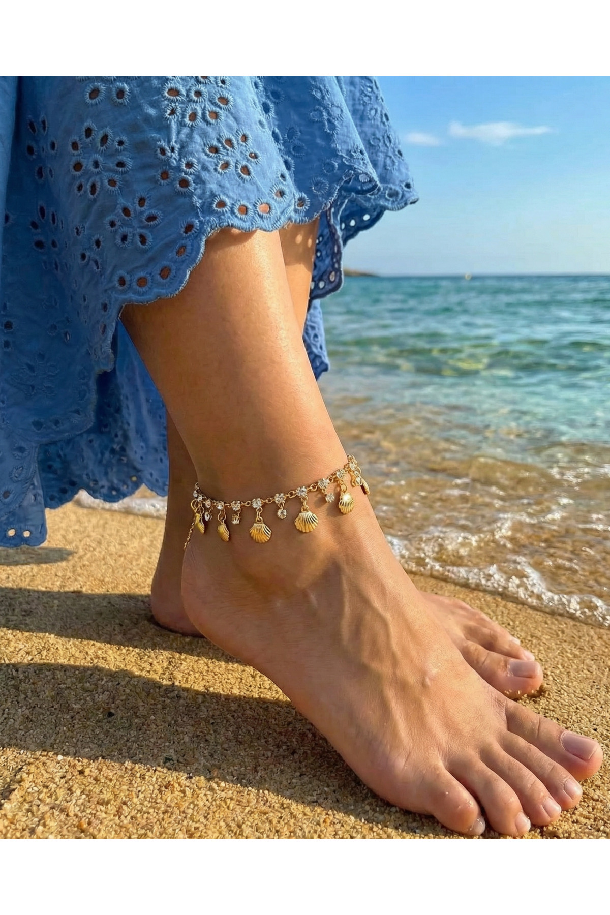 Gleemy accesories Gold renk Zirkon Taşlı İstiridye Tasarımlı Zarif Halhal görsel 2