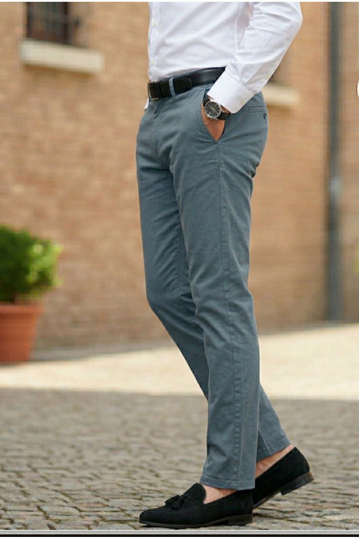 Erkek Sis Mavisi Gabardin Pamuklu Slim Fit Esnek Ofis Stili Chino Pantolon — آبی XRT34569988001 — تصویر 3 از 7