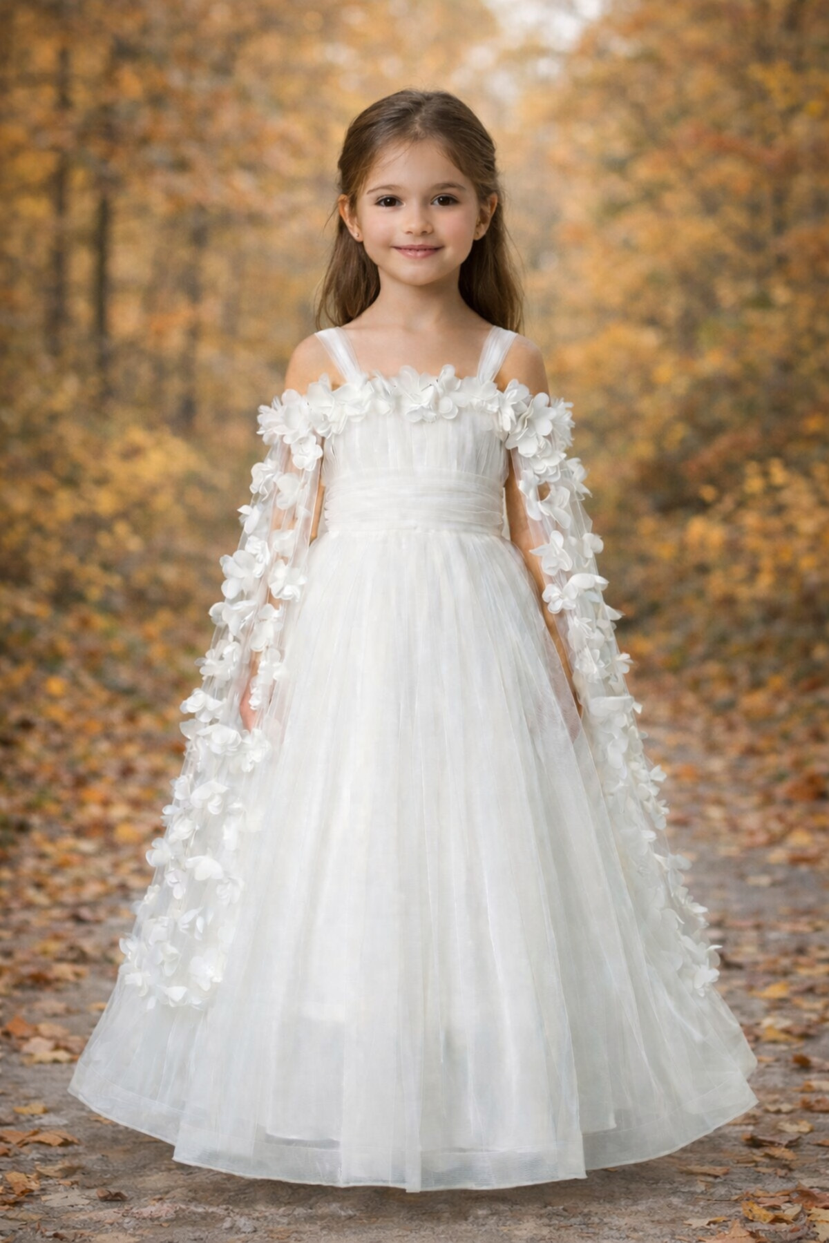 Atlas Kids Kız Çocuk Premium Beyaz Tül Abiye Gelinlik – Çiçek Detaylı Prenses Model (4-12 Yaş)