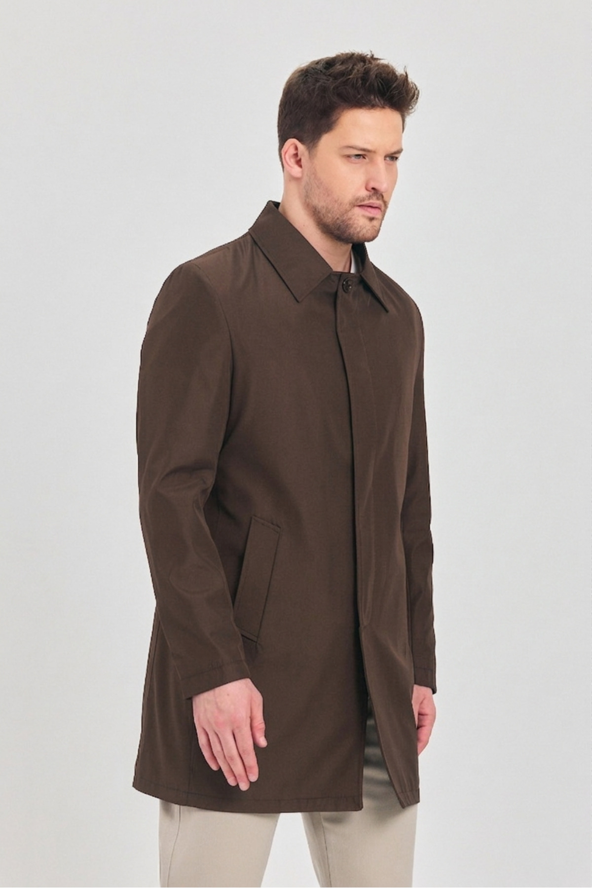 TREND KOMBİN  Erkek Kahverengi Klasik Yaka Standart Fit Trençkot - Görsel 4
