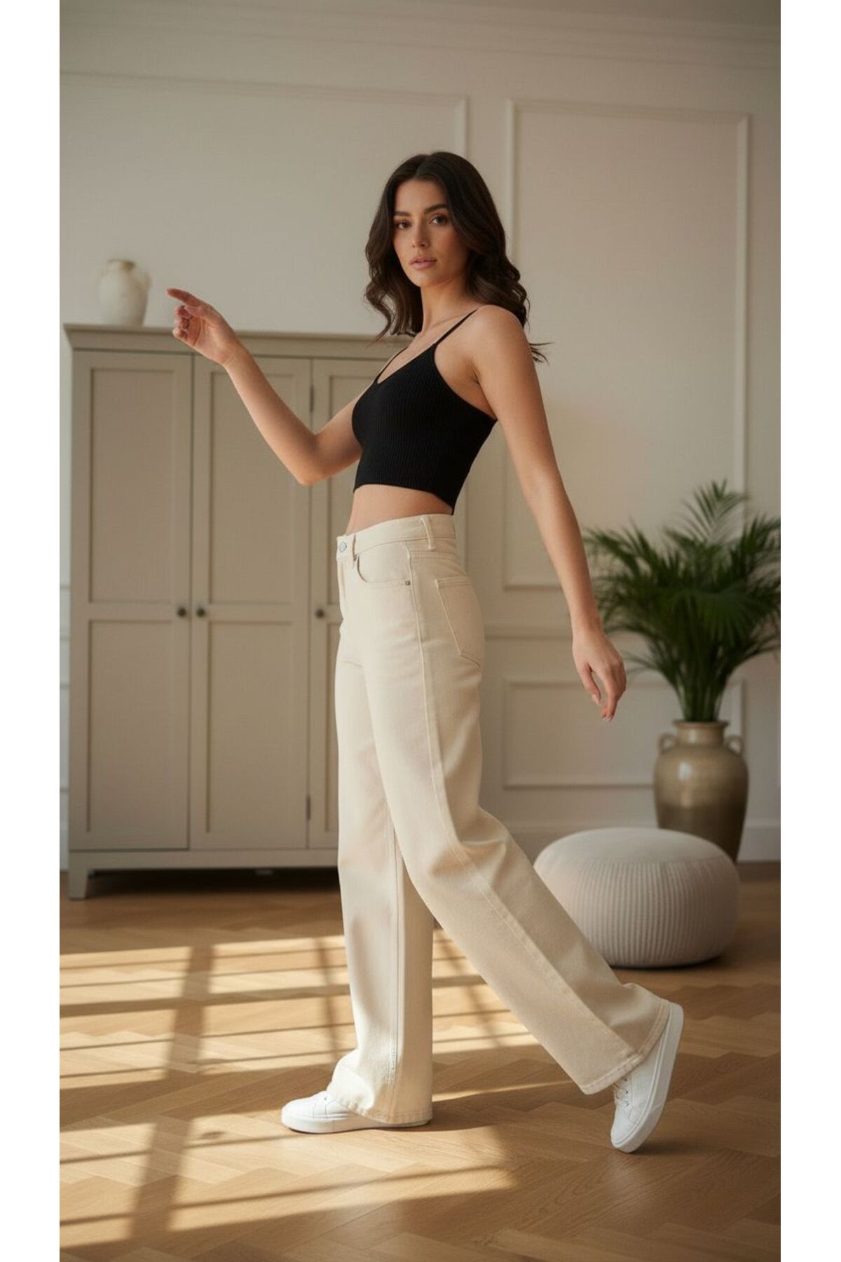 comfort jeans Kadın Krem Rengi Likralı Süper Yüksek Bel Salaş Jeans Palazzo Pantolon Wide Leg görsel 2