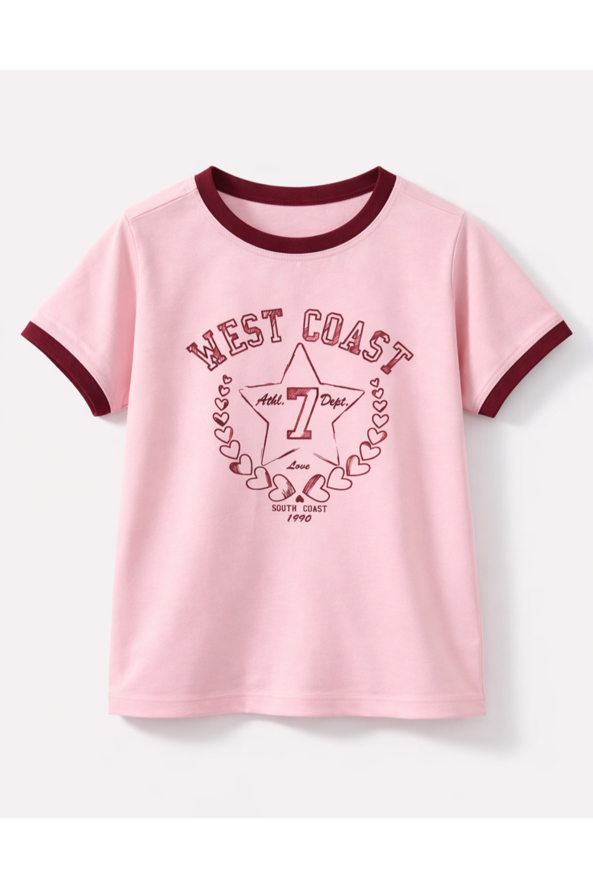 Burgundy-Powder Bicolor Girl 100% Cotton T-shirt (2-9 Years)
