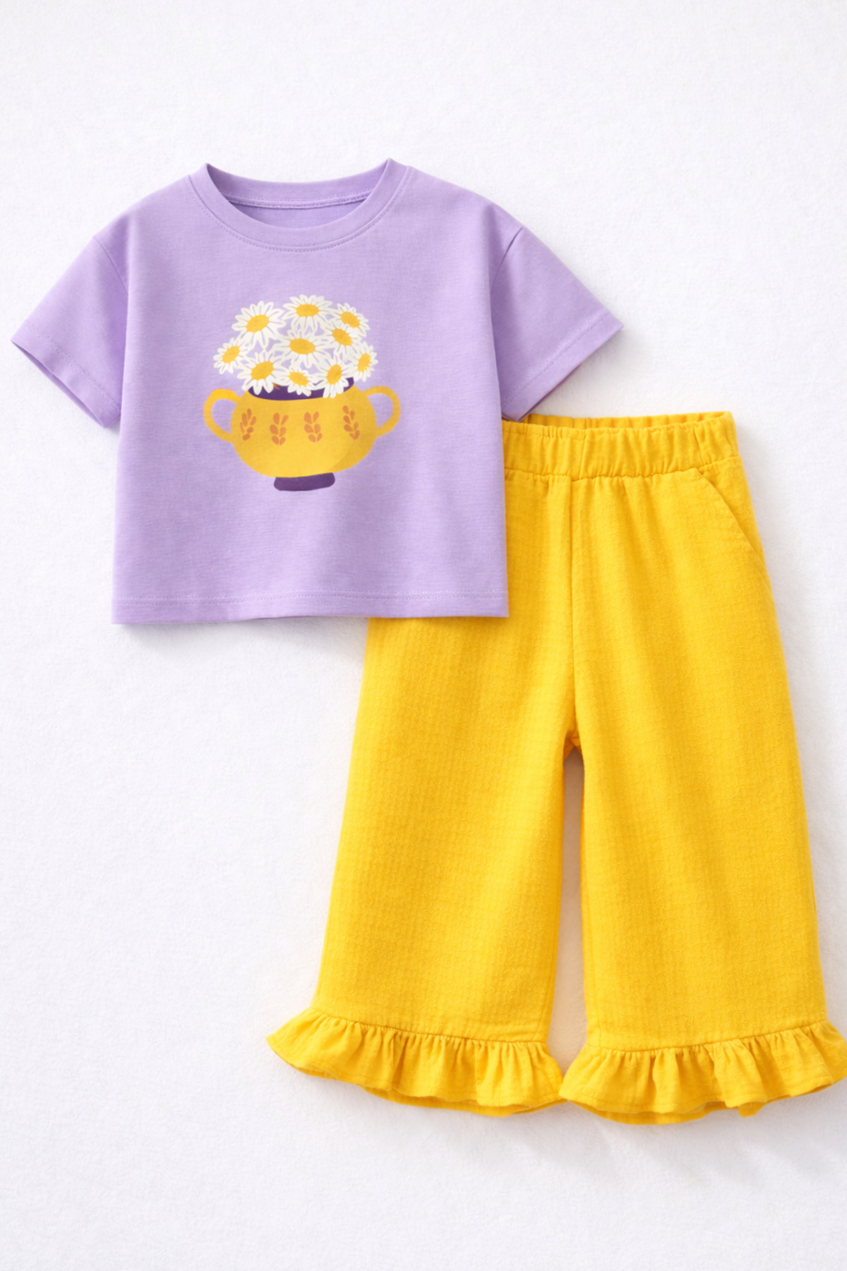 BALKABAĞI Lila majica + sunčano žute naborane muslinske pantalone, cvetni set...
