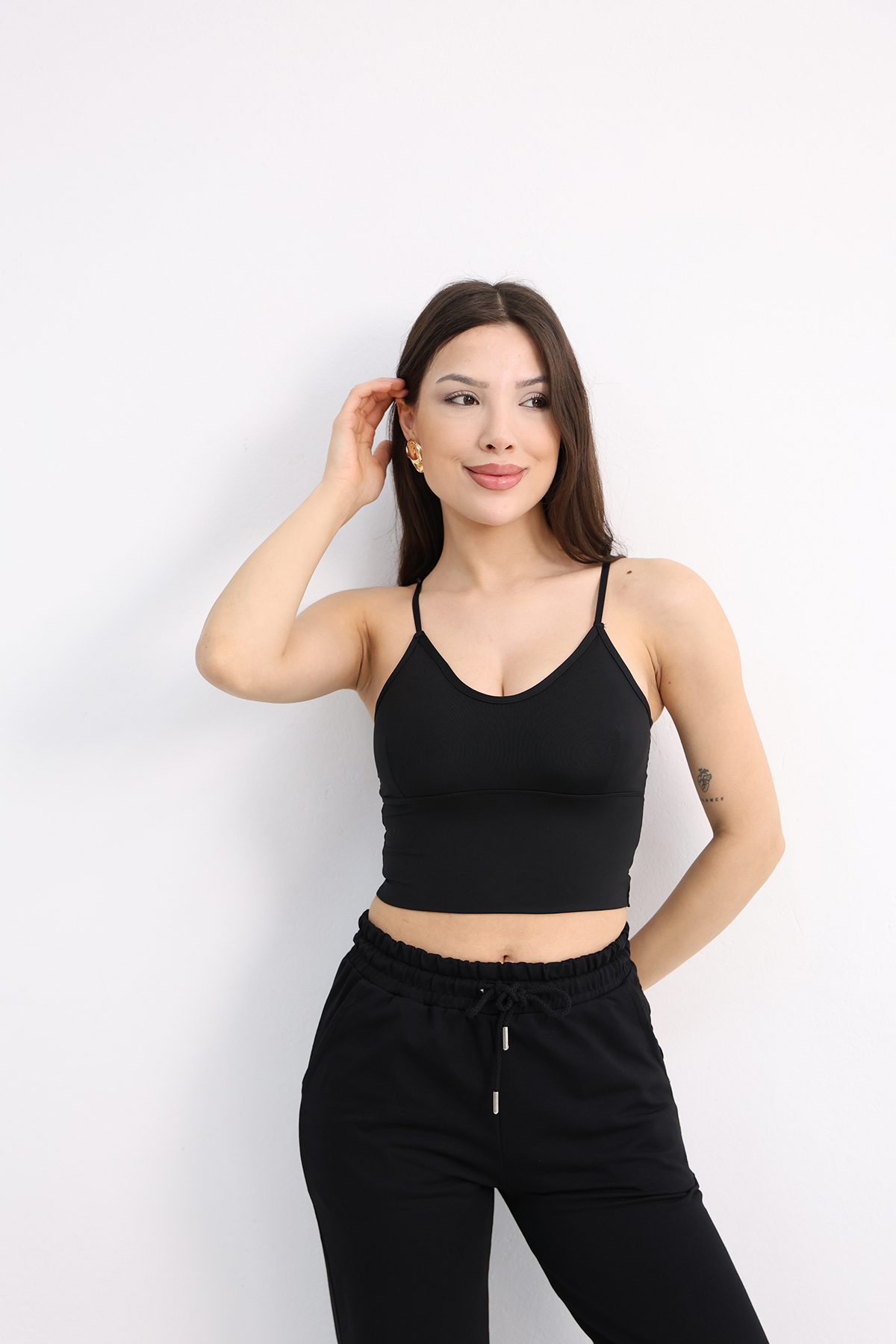 Dut Store Kadın V Yaka Kendinden Kaplı Sırtı Çarpraz Crop Büstiyer Siyah görsel 4