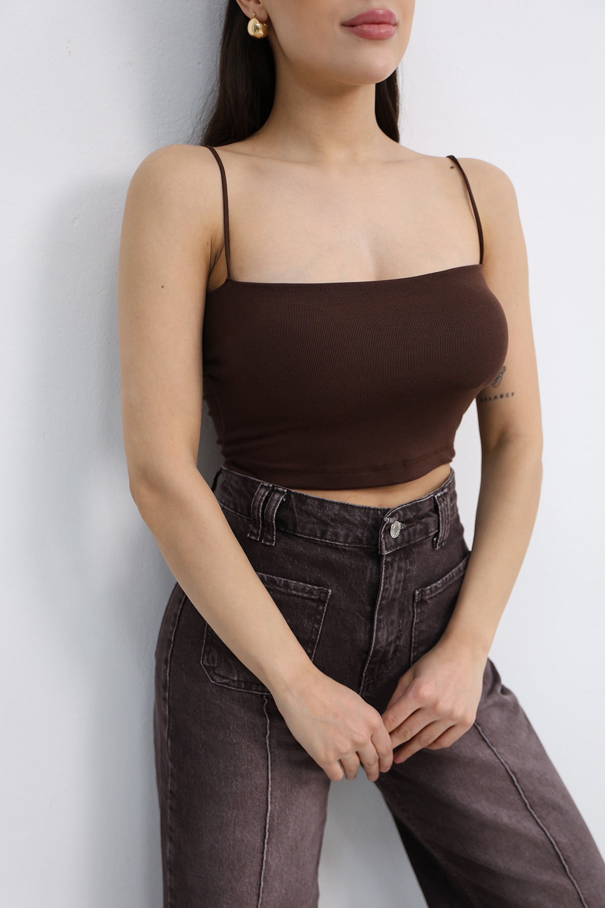 Dut Store Kadın İnce Askılı Kendinden Kaplı Crop Atlet Kahverengi