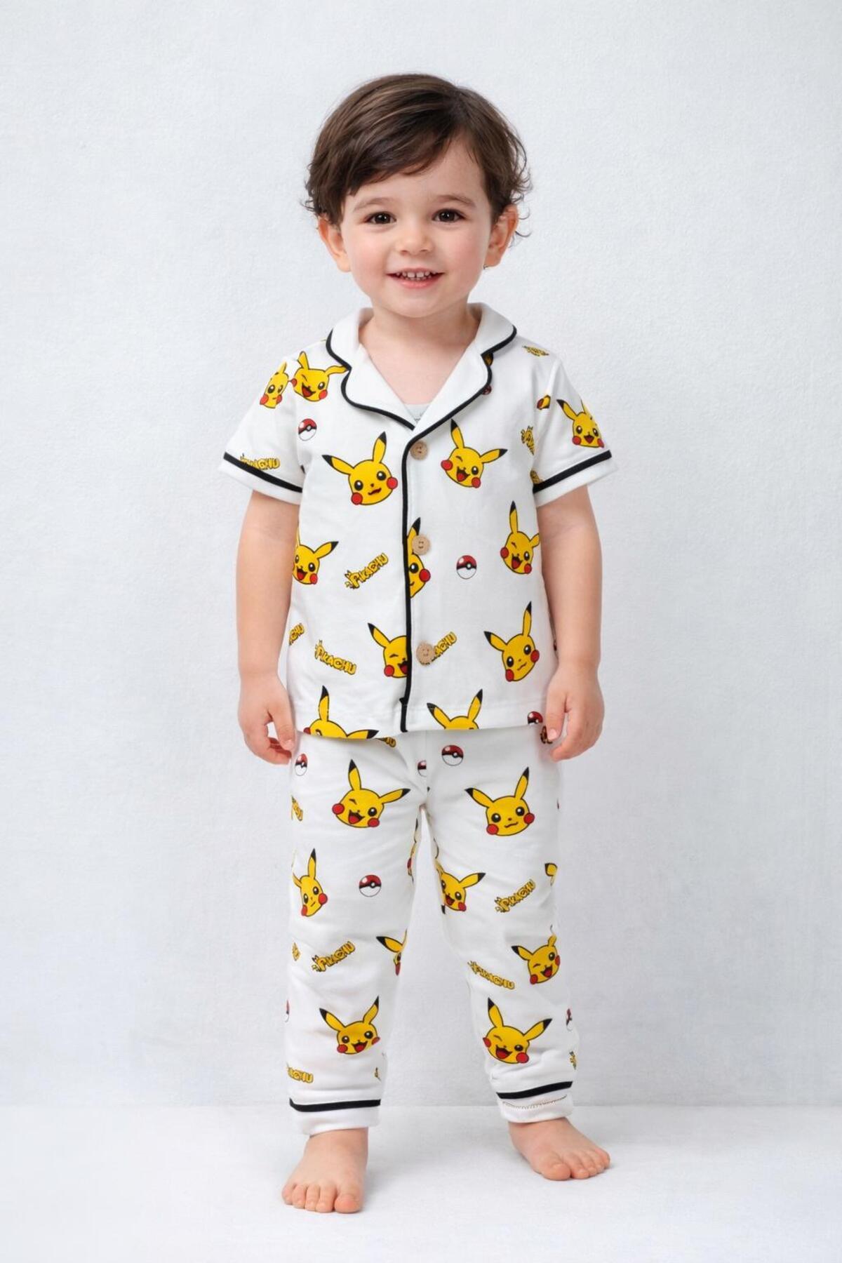 derin baby %100 Pamuklu Kısa Kollu Düğmeli Yazlık Kız Erkek Unisex Pikachu Desenli Bebek Çocuk Pijama Takımı fotoğrafı 3 (önizleme)
