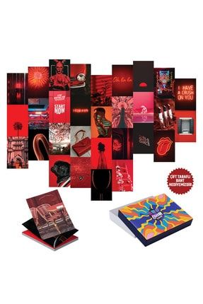 Kırmızı Siyah Duvar Poster Kolaj Seti 50 Adet Modern Kalın Kuşe Kağıt Kolaj Seti 10 15 cm RED1001