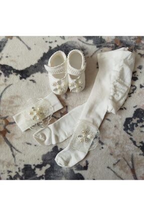 % 100 Pamuk Kız Bebek Çiçekli Ayakkabı & Saç Bandı & Kilotlu Çorap 3'lü Set TYC00232915669