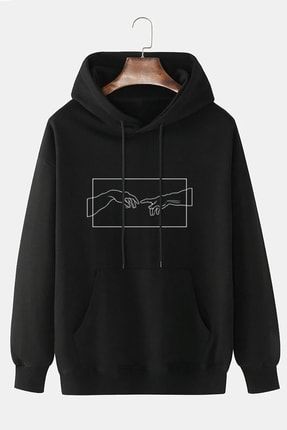 Unisex Pamuklu Rahat Kalıp El Grafik Baskılı Kapüşonlu Sweatshirt - Siyah DA-20KYT00055
