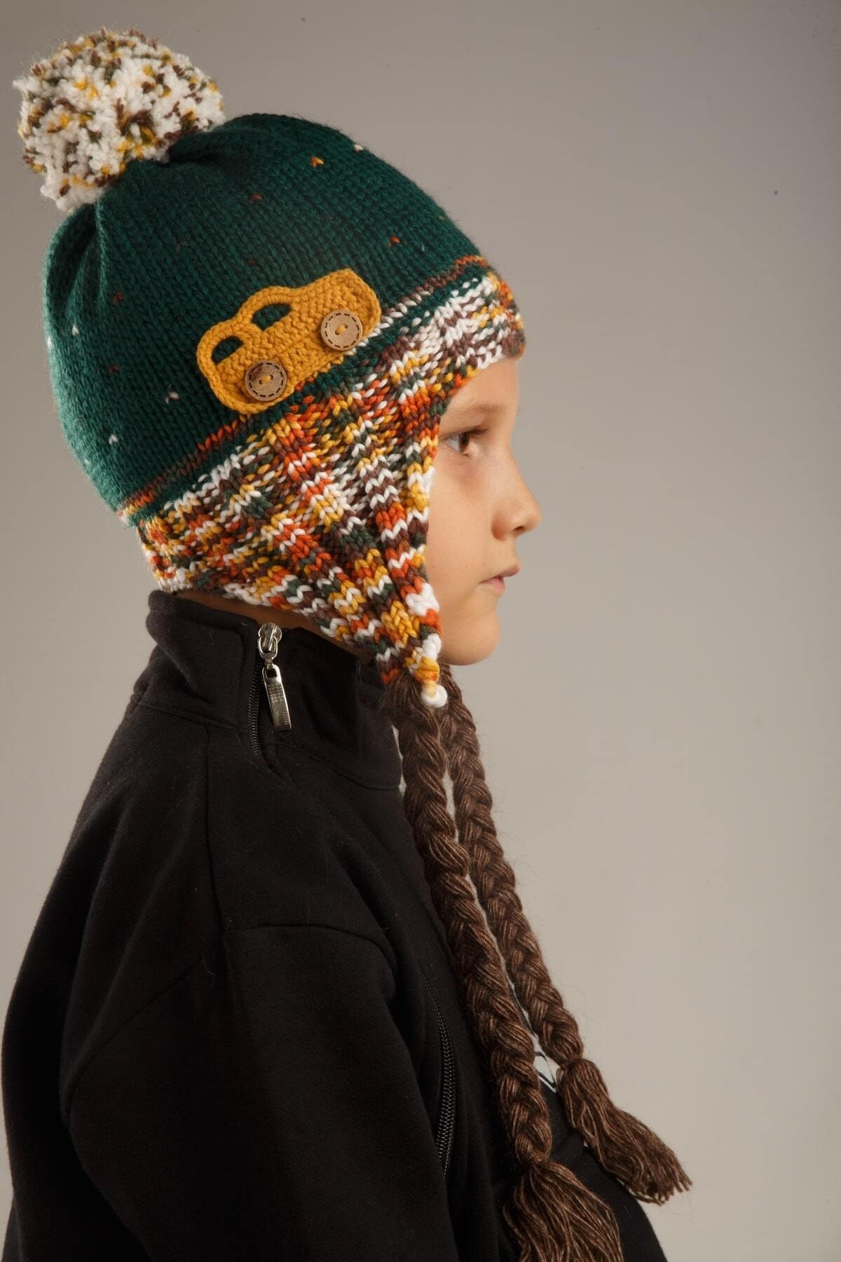 Dragora-Boy's Beanie Wool Blended Knitted String with Car Detail Standard Size Green 6