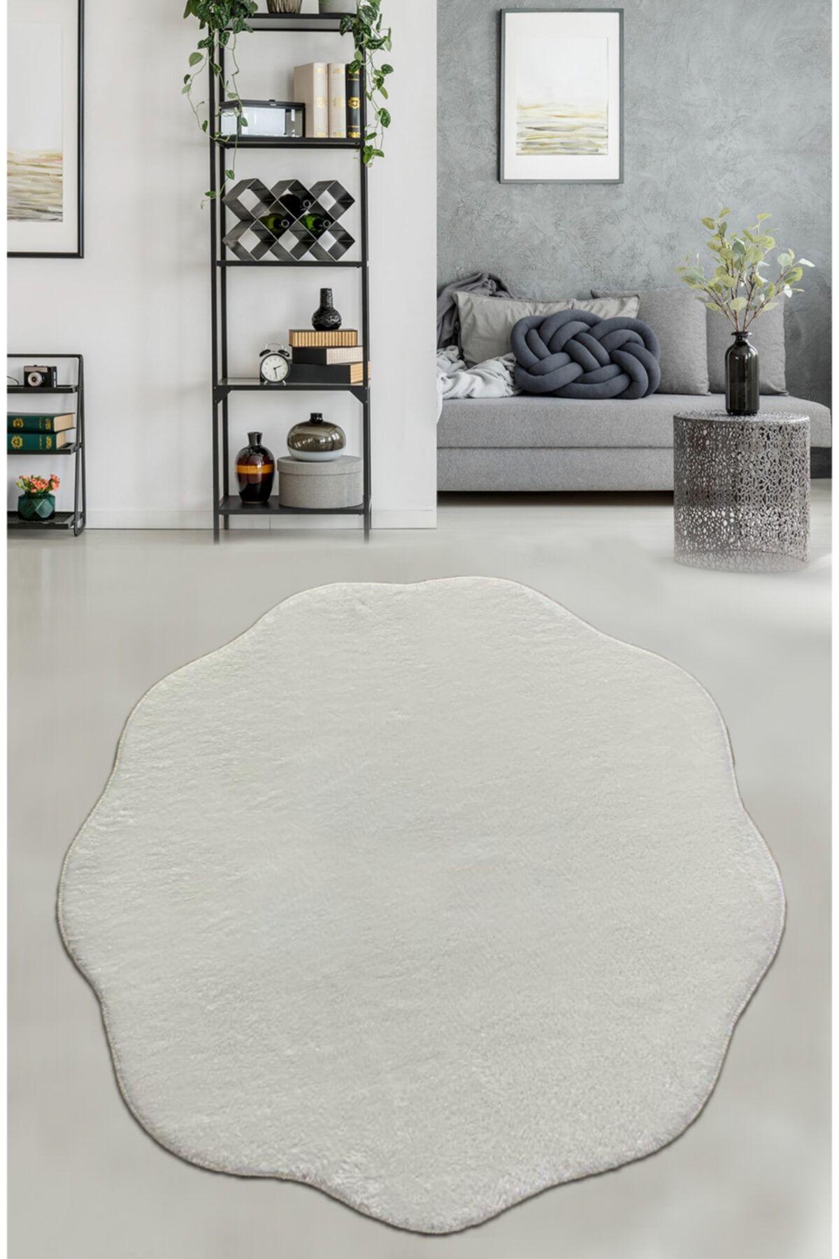 Chilai Home Plush Wavy Beyaz Dekoratif Halı 100x100 cm