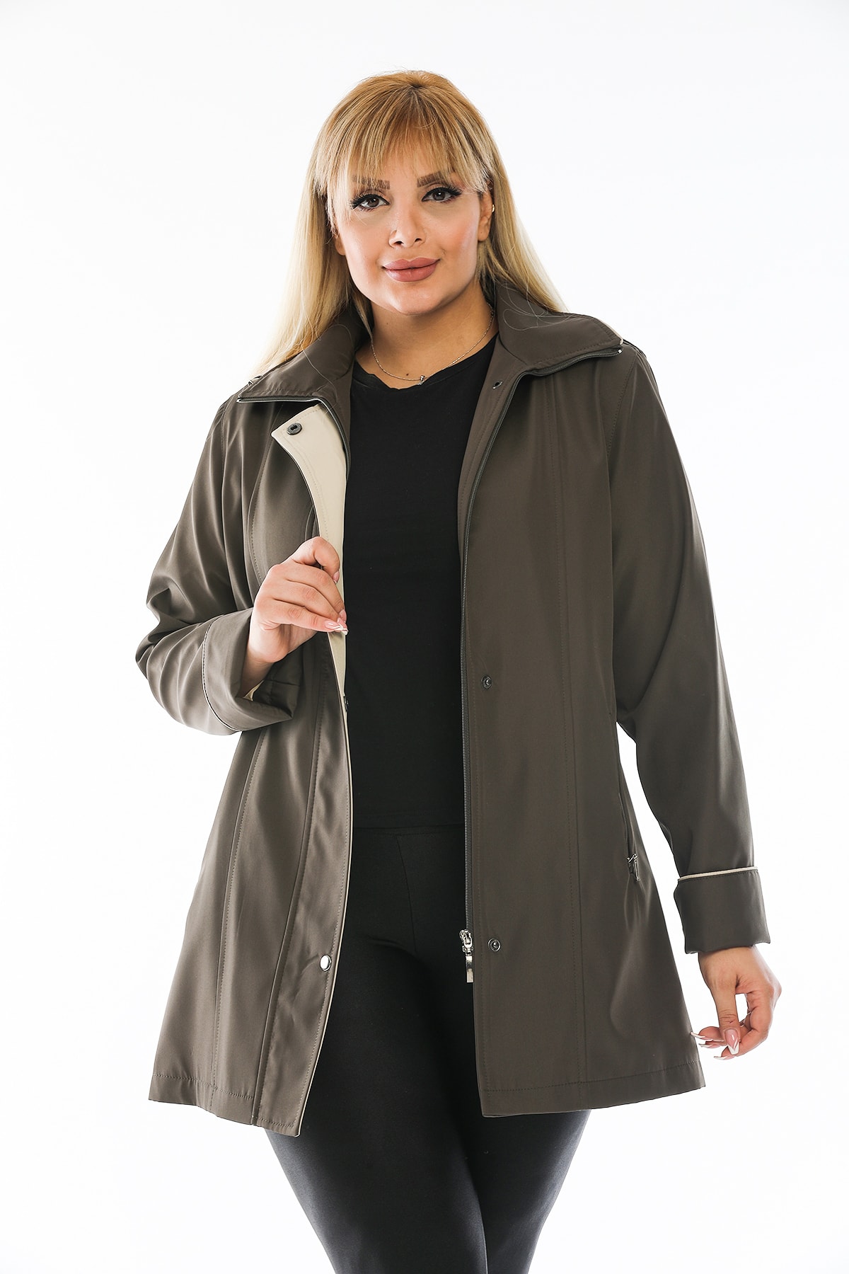 Bigart İç Astar Ekose Detaylı Büyük Beden Şapkalı Haki Trençkot