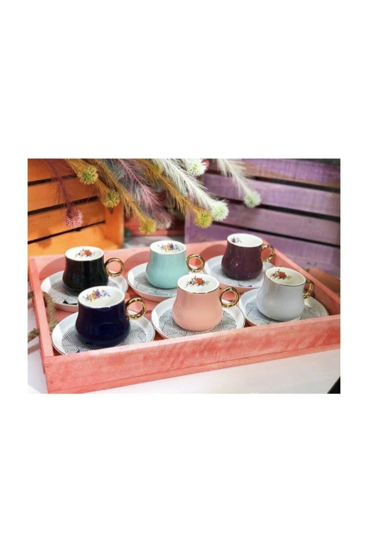ACAR 6 Kişilik Yaldızlı Renkli Çiçekli Lüx Kahve Fincan Takımı