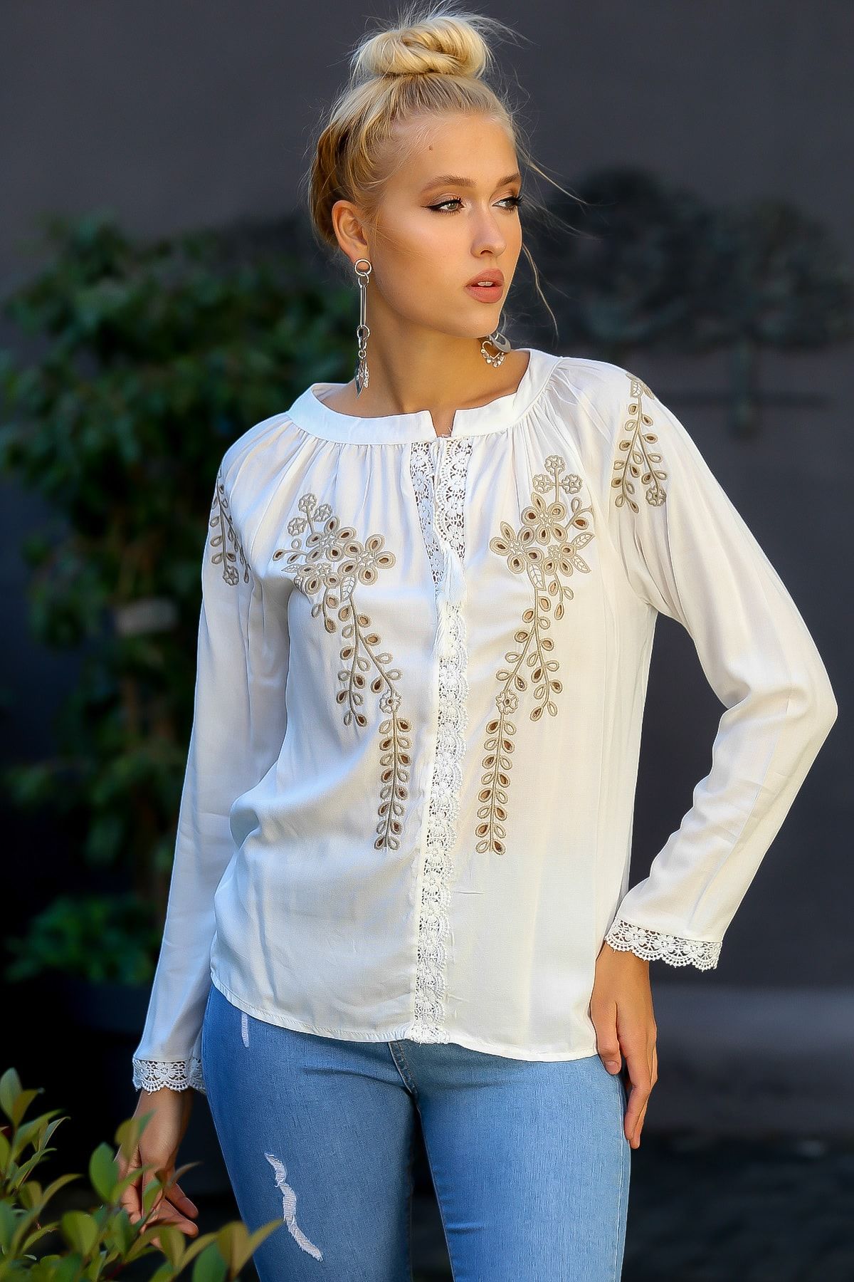 Chiccy-Bluză de damă, albă, cu găuri, cu broderie florală din dantelă, țesută M 10010200 BL94859 6