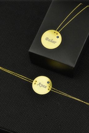Kadın Altın Kaplama Isimli Mine Gözlü Plaka Bileklik Ve Kolye 925 Ayar Gümüş Set PP5030