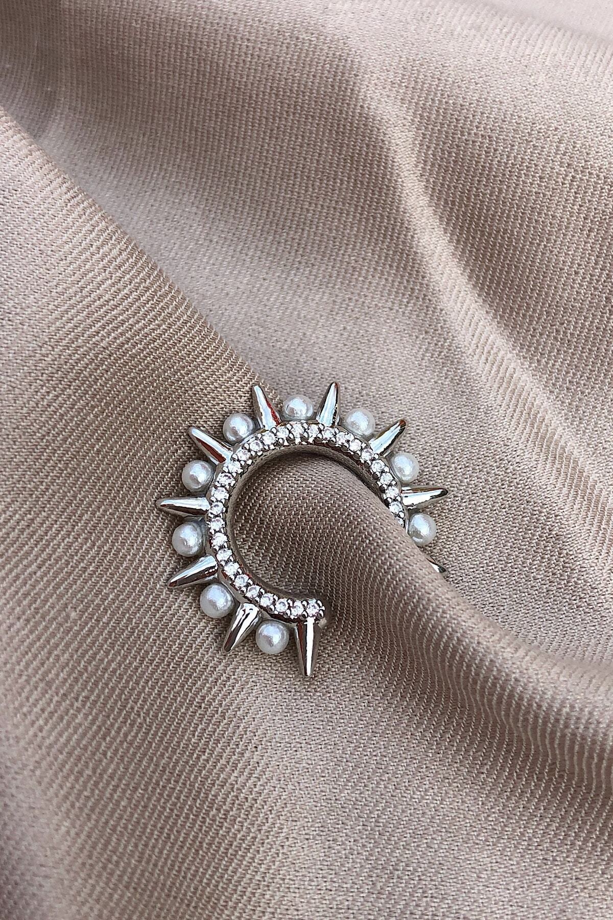 Inci Ve Zirkon Taş Detaylı Mohikan Tasarım Pirinç Ear Cuff / Kıkırdak Küpesi 2