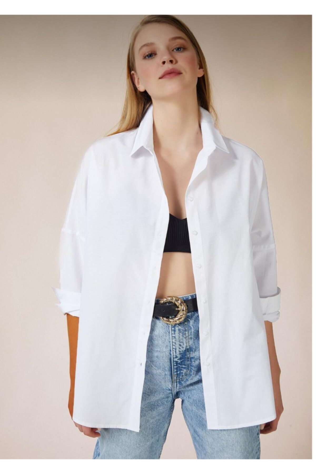 byhaziran butik Ženska bela Oversize kroj duga Osnovni košulja