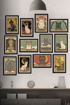 12 Parça Çerçeve Görünümlü Tatlı Kediler Tarot Kart Dekoratif Mdf Tablo Seti (80x80 Cm) Tontilika-12-28