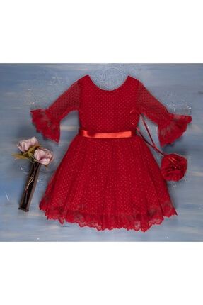 Kırmızı Çantalı Puantiyeli Güpürlü Kız Çocuk Elbisesi TYC00226093045