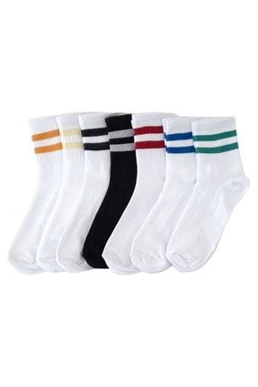 Unisex Renkli Çizgili Pamuklu Yarım Konç Çorap 7'li Paket CEMBER7