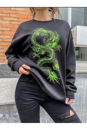 Kadın Oversize Sweatshirt Yeşil Dragon Baskılı Siyah TYC00235247870