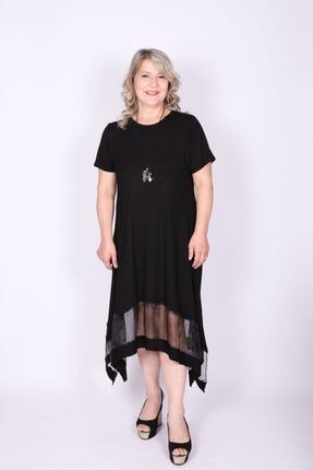 Transparan Tül Detaylı Siyah Elbise ELBS-4435