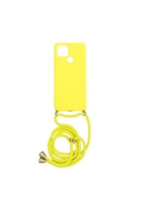 Oppo A15 Içi Kadife Boyun Askılı Liquid Silikon Kılıf Sarı YYLA01