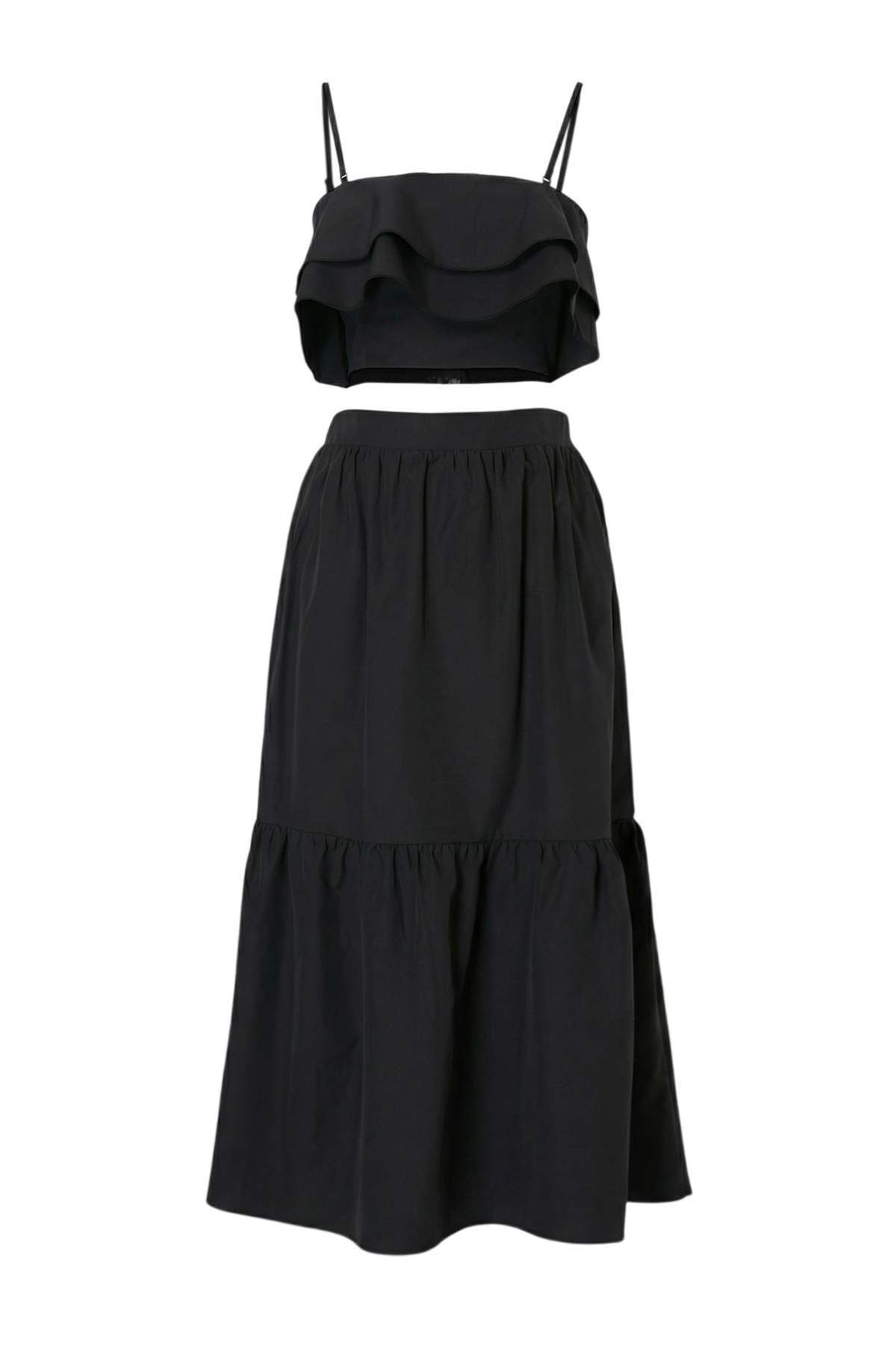 Trendyolmilla  Siyah Fırfırlı Straplez Bluz Kloş Etek Dokuma Alt - Üst Takım TWOSS26AU00094 - Görsel 5