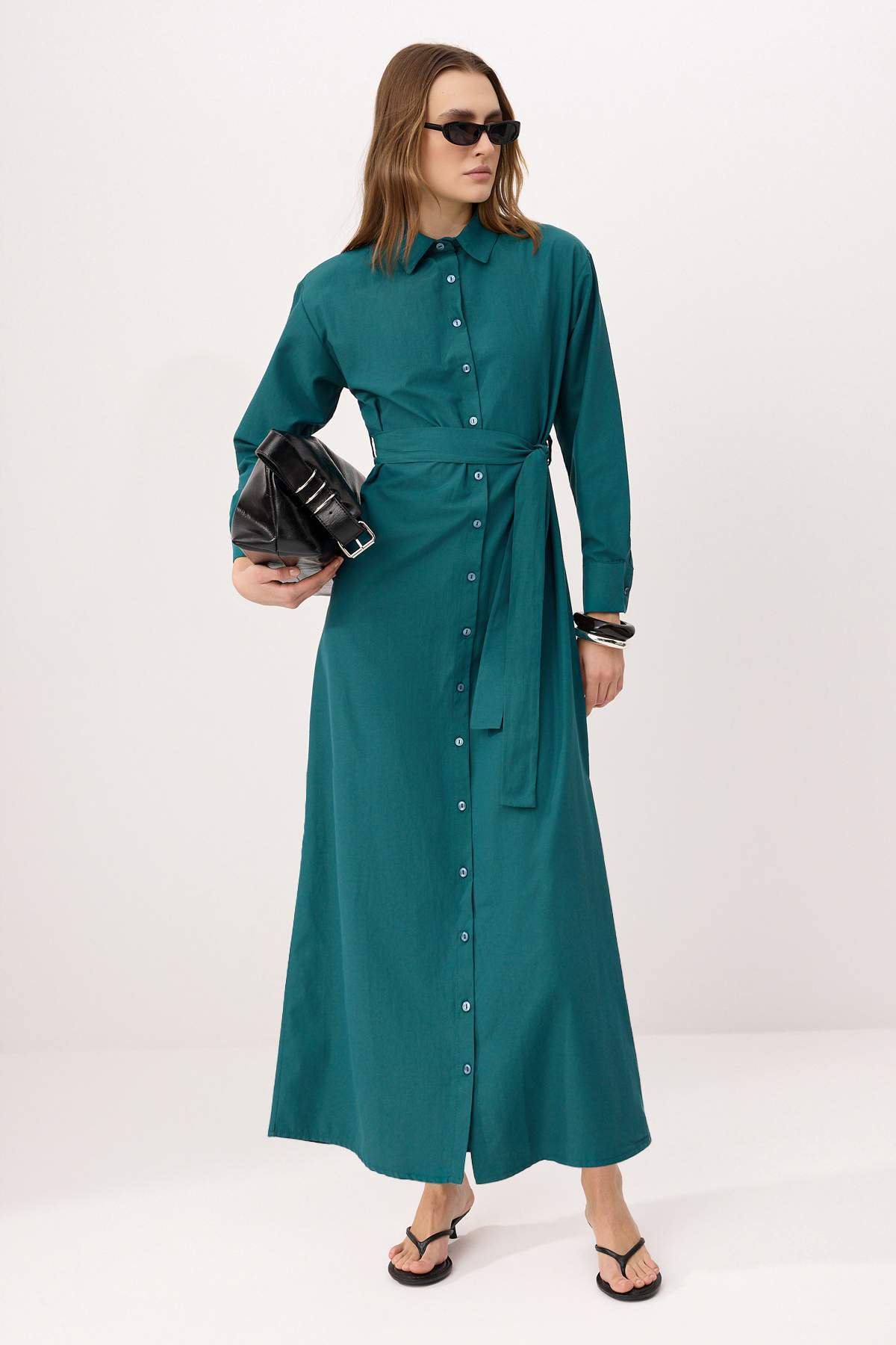 Trendyolmilla Modest Yeşil Kuşaklı Astarsız Düz Dokuma Elbise&Tulum Terrycotton Tesettür Elbise TCTSS23EB00072