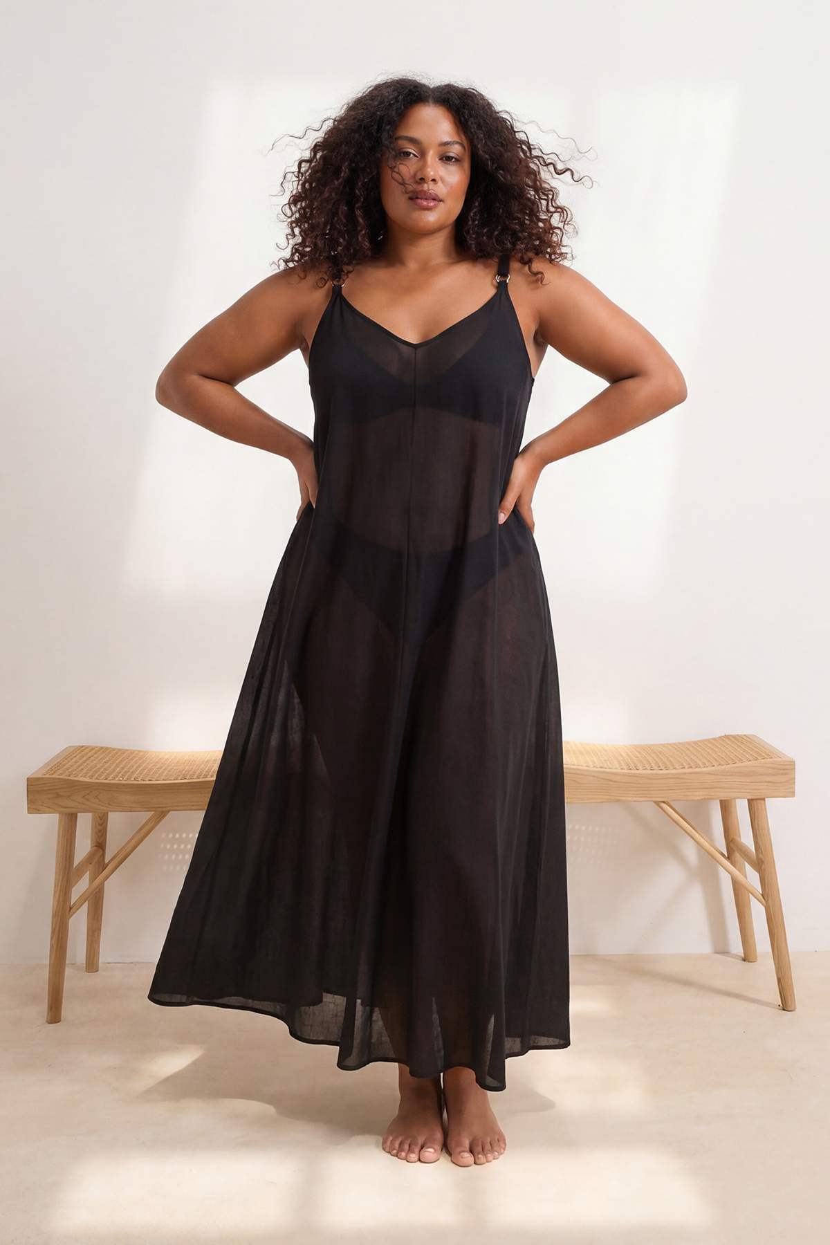 Trendyolmilla Curve Plaj Giyim Siyah Maxi Boy Vual Dokuma Büyük Beden Plaj Elbisesi TBBSS26AH00106