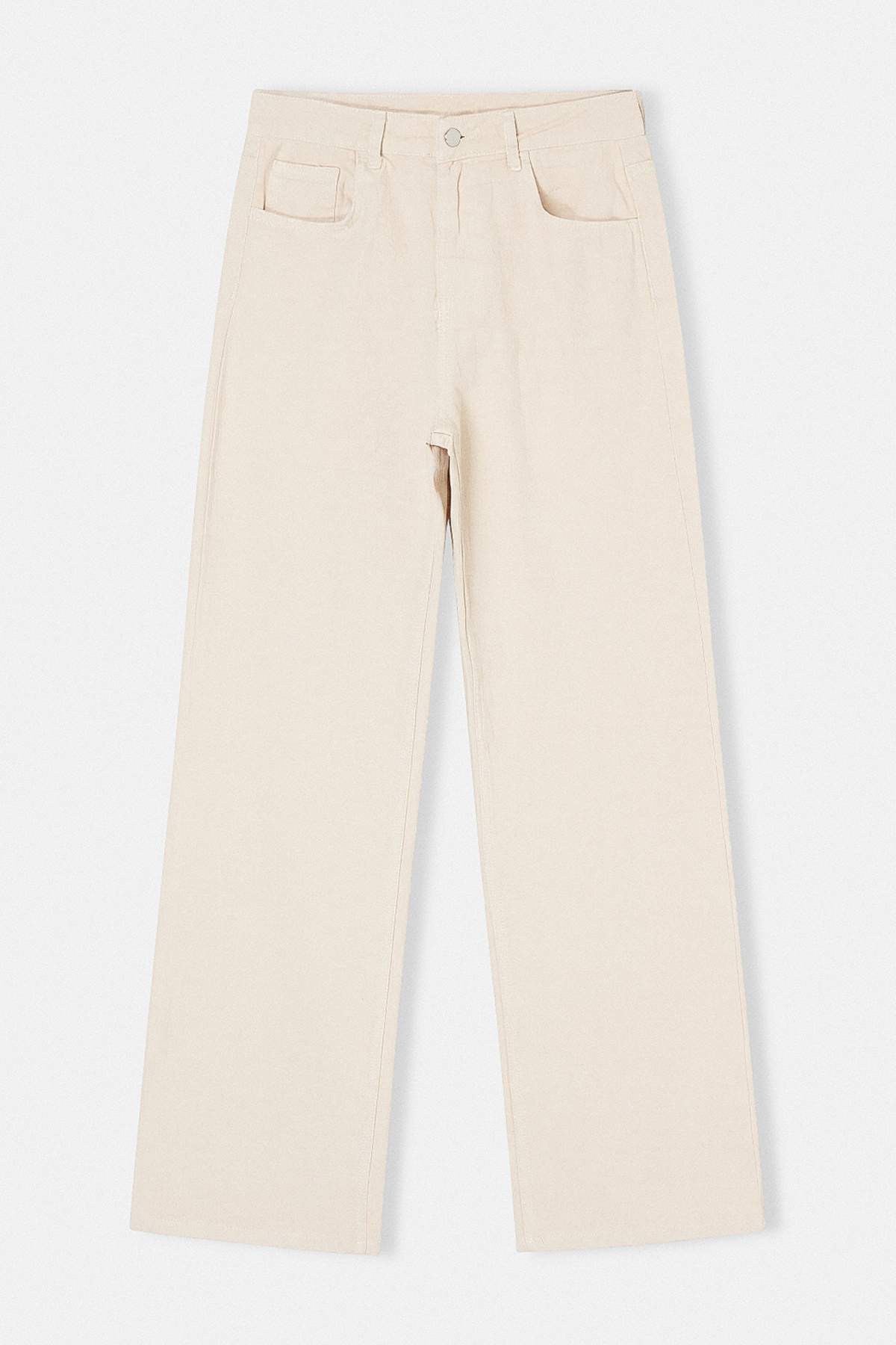 Trendyolmilla  Ekru DOKULU KUMAŞ %100 Pamuk Yüksek Bel Wide Leg Jeans TWOSS26JE00163 - Görsel 5