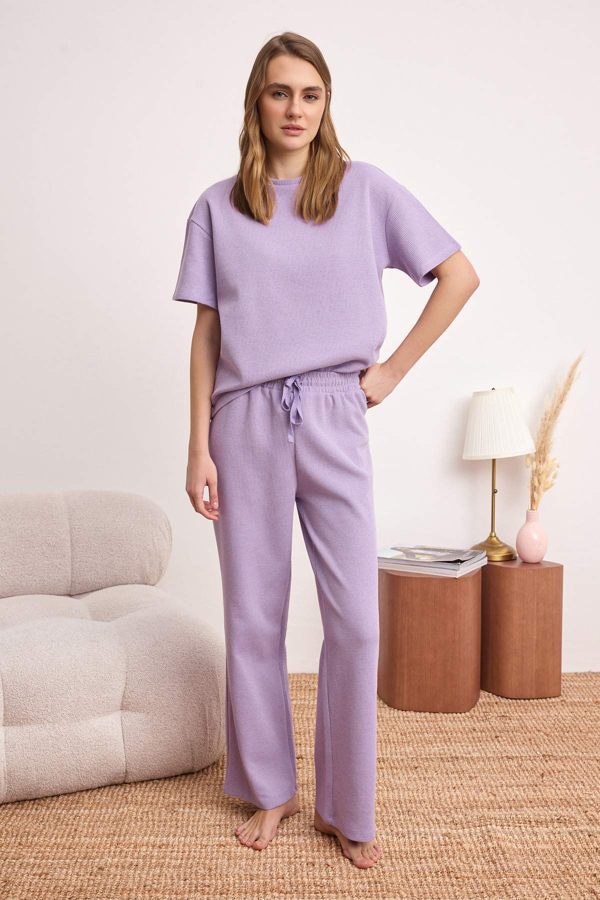 Trendyolmilla  Lila Bel Bağlama Detaylı Waffle Örme Pijama Takımı THMAW26PT00050