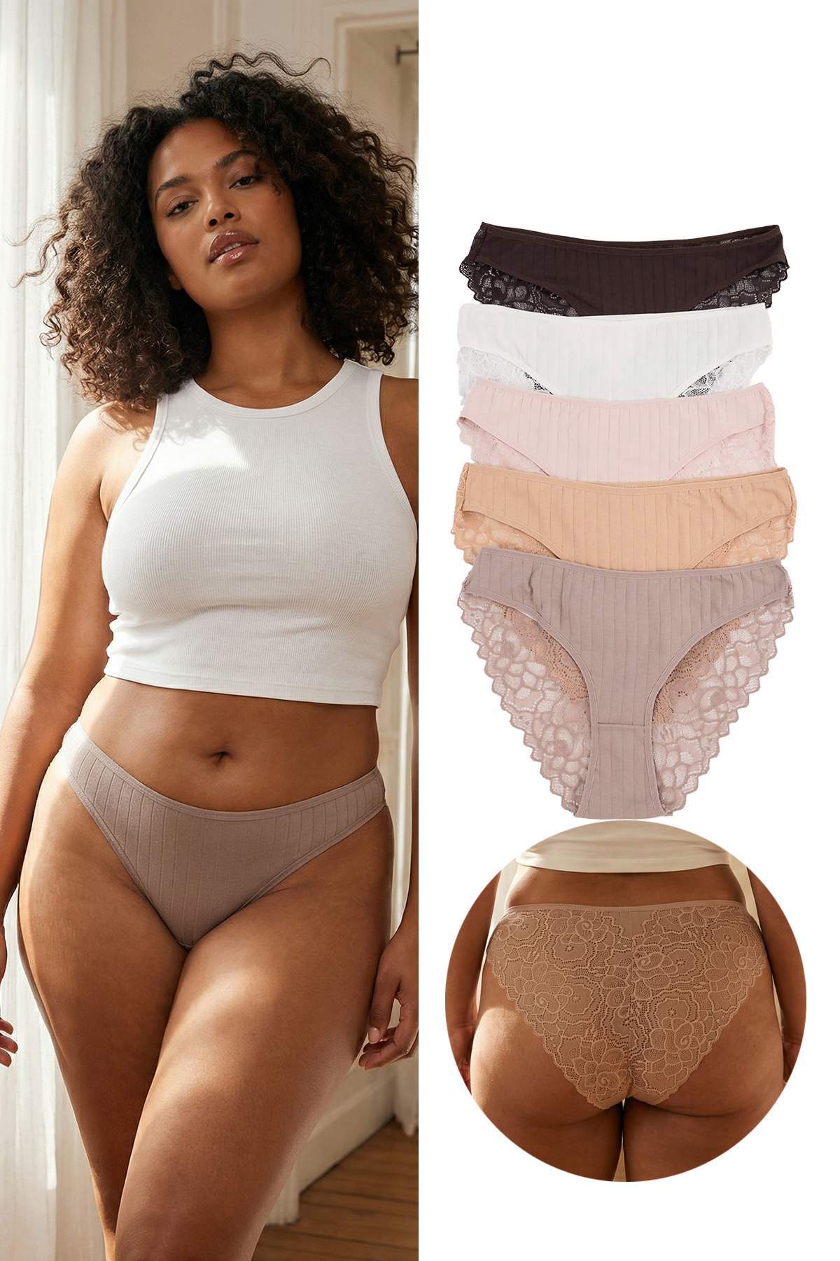 Trendyol Curve Braun-Mehrfarbige Baumwolle, 5er-Pack, Spitzenstreifen, klassi...